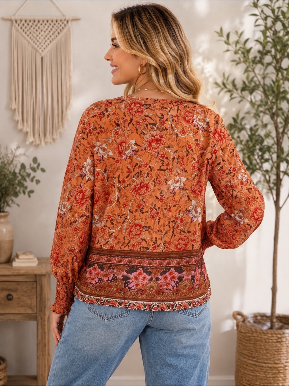 Boho Floral Print Lantern Sleeve Tie Front Blouse - Picture 3 of 8
